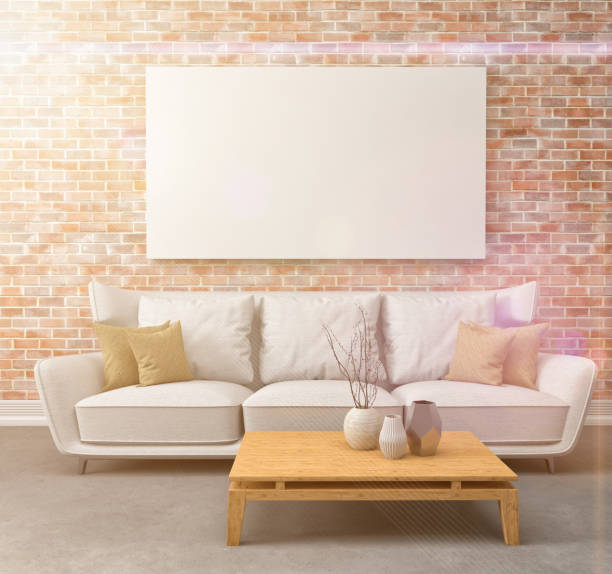 istock Mock up blank poster on the wall of interior with sofa. 3D Illustration 649144586