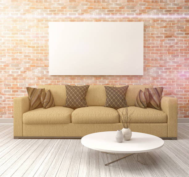istock Mock up blank poster on the wall of interior with sofa. 3D Illustration 649144666