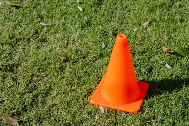 istock Orange traffic cone lying on the lawn 649148538