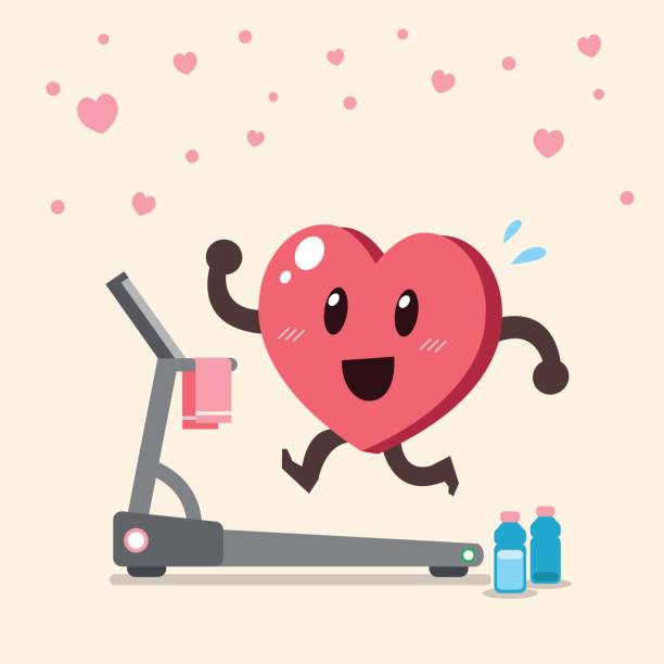 stockillustraties, clipart, cartoons en iconen met hart stripfiguur draait op loopband - loopband fitnessapparaat