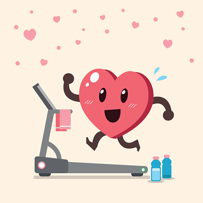 Cartoon heart character running on treadmill for design.