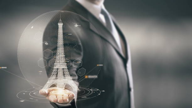 Eiffel Tower Businessman holding in Hand Landmark New technologies