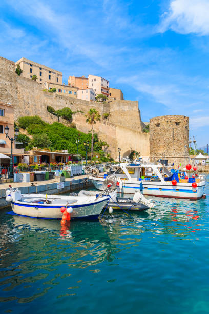 Typical old fishing boats in Calvi port on sunny summer day, Corsica island, France Corsica is the largest French island on Mediterranean Sea and most popular holiday destination for French people. table ledge stock pictures, royalty-free photos & images