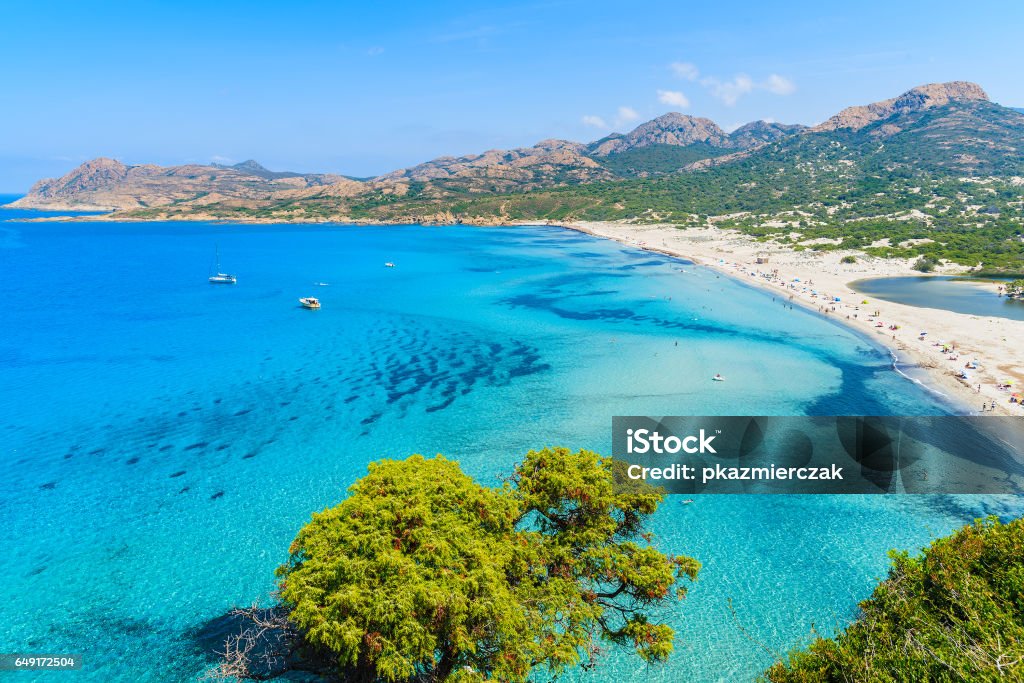 View of Ostriconi beach with beautiful sea lagoon, Corsica island, France Corsica is the largest French island on Mediterranean Sea and most popular holiday destination for French people. Corsica Stock Photo