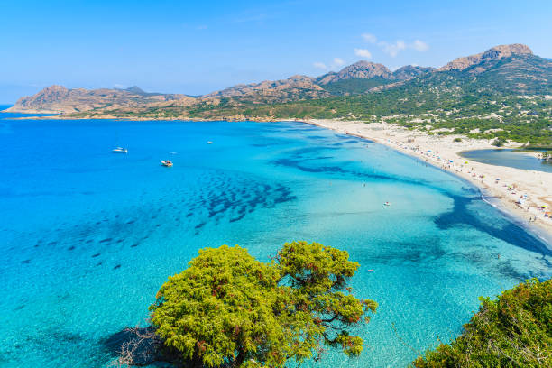 View of Ostriconi beach with beautiful sea lagoon, Corsica island, France Corsica is the largest French island on Mediterranean Sea and most popular holiday destination for French people. corsica photos stock pictures, royalty-free photos & images
