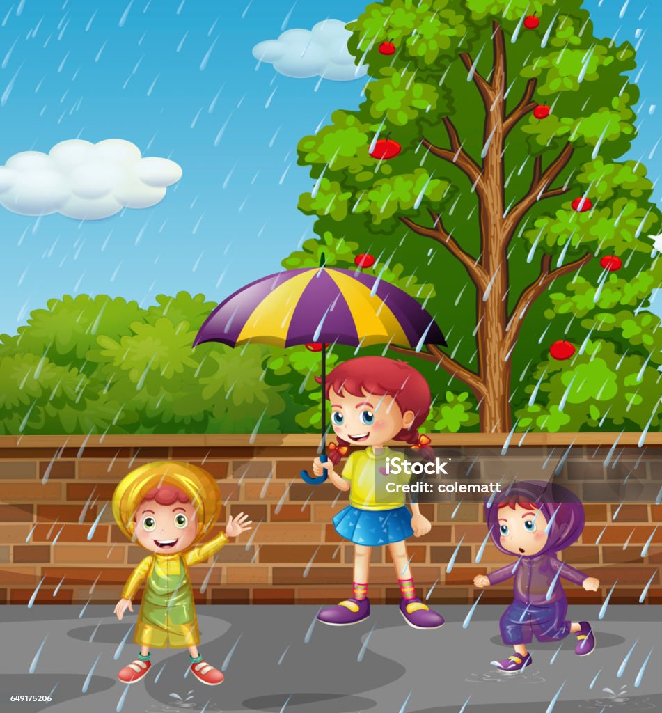 Rainy Season With Three Kids In The Rain Stock Illustration ...