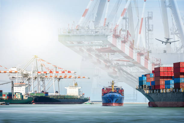 istock Container cargo ship and cargo plane with port crane bridge in harbor, Freight Transportation, Shipping 649179372