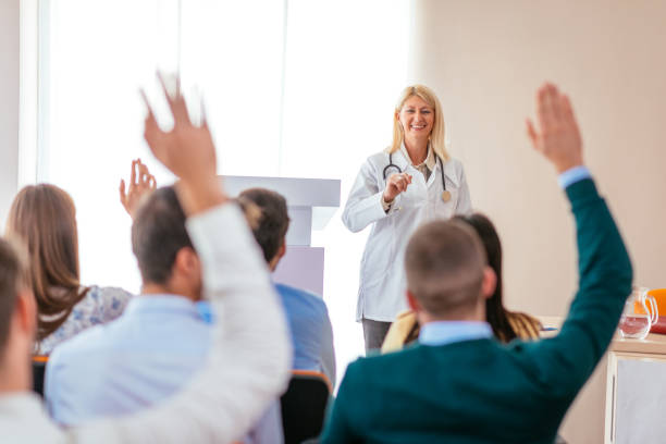 istock Science and research programme on medical class with senior female professor 649184074