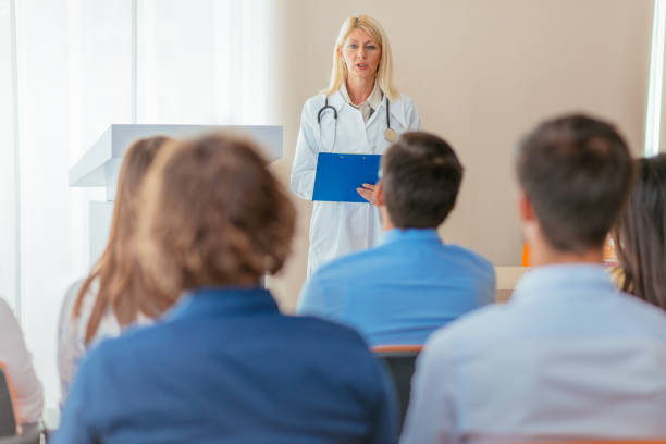 istock Science and research programme on medical class with senior female professor 649185158