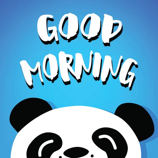 istock Panda says Good Morning. Vector. Cartoon bear on blue background 649195654