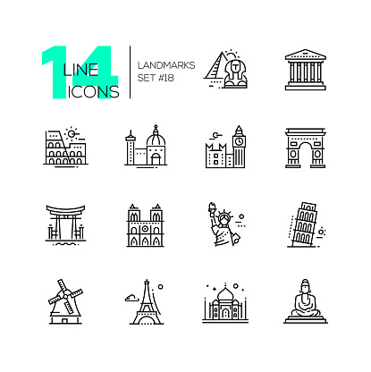 Landmarks - vector modern single line icons set. Differents landmarks as Statue of Liberty, Taj Mahal, Tower of London, Pyramid, Torii.