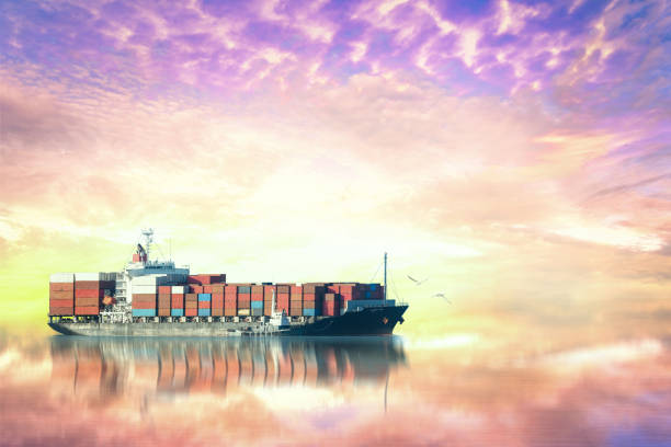 istock Container Cargo ship in the ocean at sunset sky, Freight Transportation, Shipping 649202552