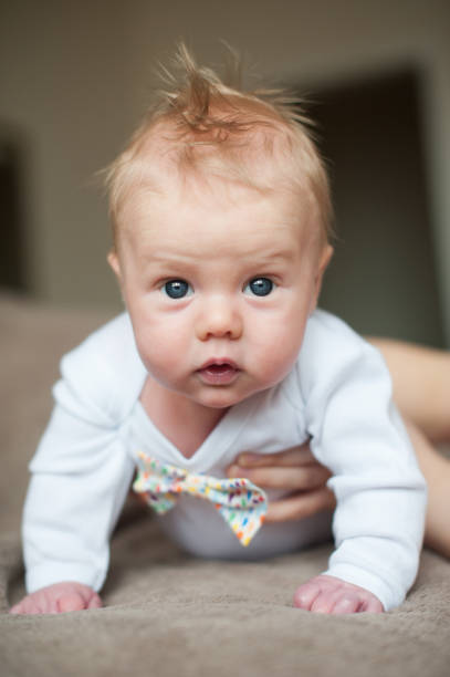 istock little boy crawling on the bed and looking at the camera 649210144