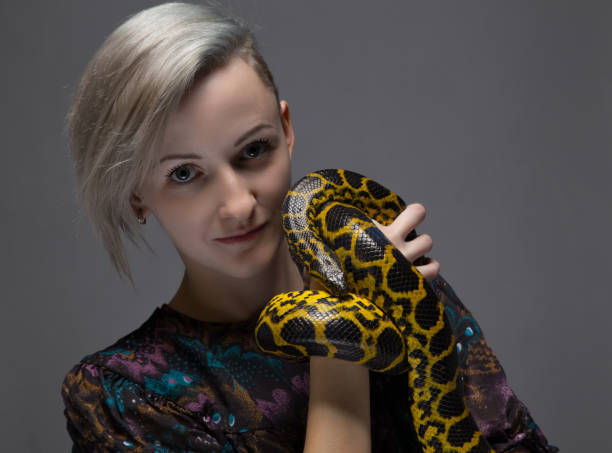 istock Blond smiling woman holding anaconda 649223118