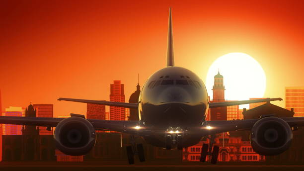 Buenos Aires Argentina Airplane Take Off Skyline Golden Background Very usefull for commercial film airport sunrise stock illustrations