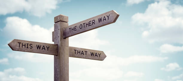 Which way to go road sign Crossroad signpost saying this way, that way, the other way concept for lost, confusion or decisions advice photos stock pictures, royalty-free photos & images