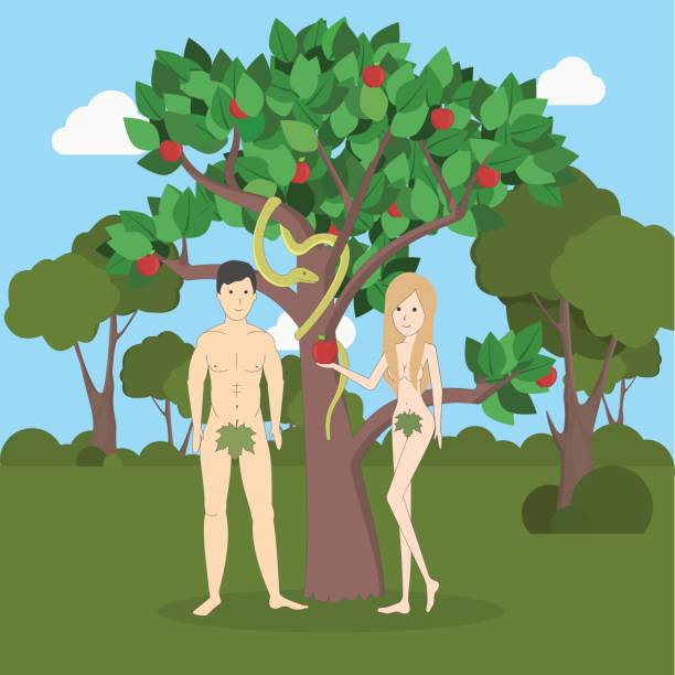 Adam and Eve near the apple tree with snake. Adam and Eve near the apple tree with snake. Forest landscape. Concept of biblical characters showing sin. Christianity. adam and eve painting stock illustrations