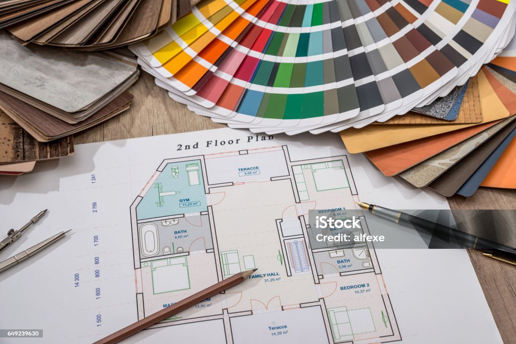  Dibujos Arquitectónicos Con Paleta De Colores Y Madera Sampler Para Diseños De Muebles Para Obras Interiores Foto de stock y más banco de imágenes de Material