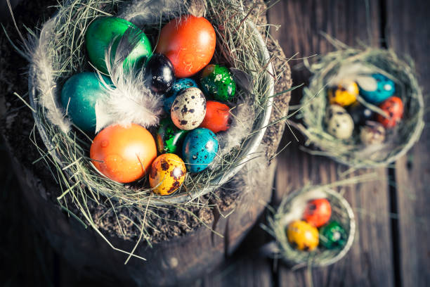 istock Fresh eggs for Easter in the nest with hay 649239882