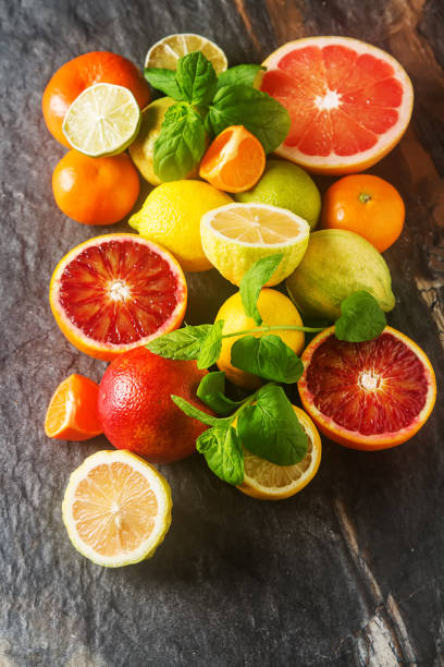 istock Citrus juice fruit and slices of orange, grapefruit, lemon, lime 649243270