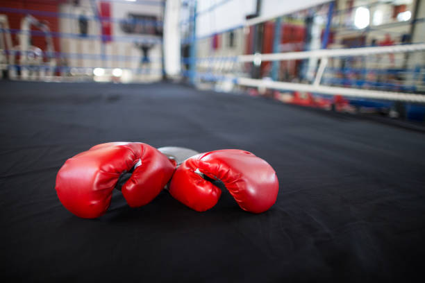 istock Pair of red gloves in boxing ring 649245664