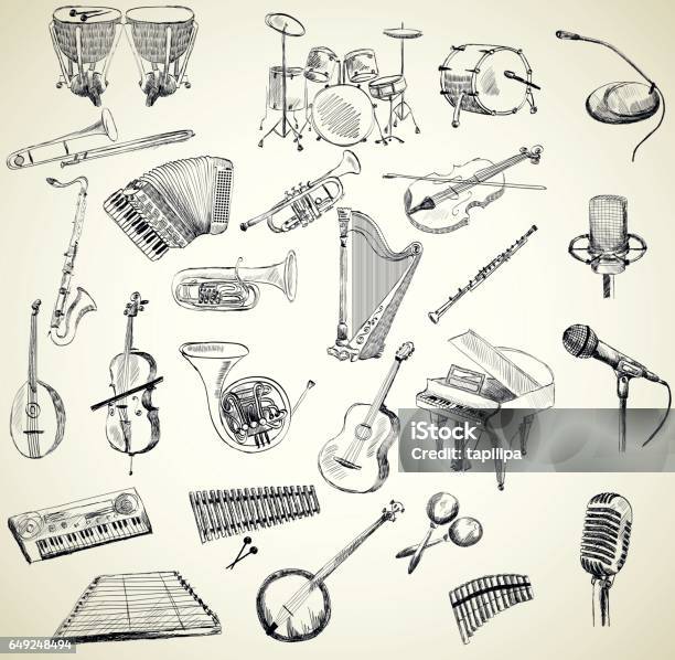 Vektormusikinstrumente Stock Vektor Art und mehr Bilder von Musikinstrument - Musikinstrument, Zeichnung, Illustration