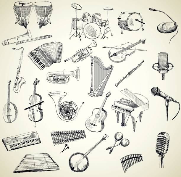 Vector musical instruments hand drawn set of classical musical instruments musical instrument illustrations stock illustrations
