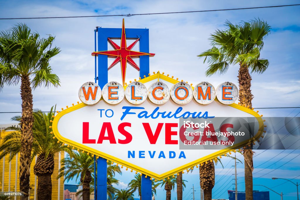Welcome to Fabulous Las Vegas sign, Las Vegas Strip, Nevada, USA Classic view of Welcome to Fabulous Las Vegas sign at the south end of world famous Las Vegas strip on a beautiful sunny day with blue sky and clouds, Las Vegas, Nevada, USA Las Vegas Stock Photo
