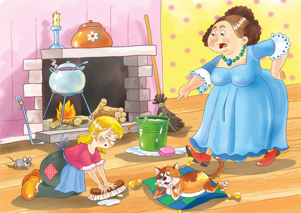 Cinderella. Cute girl and her angry stepmother. Fairy tale. Illustration for children. Funny cartoon characters. Fairy tale illustration my stepmom stock illustrations