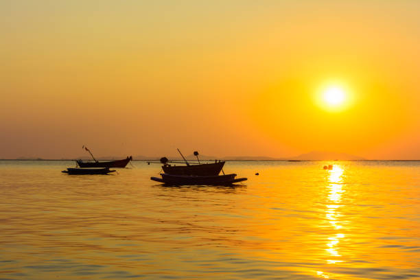 istock Boat and the beach with sunset background 649290078