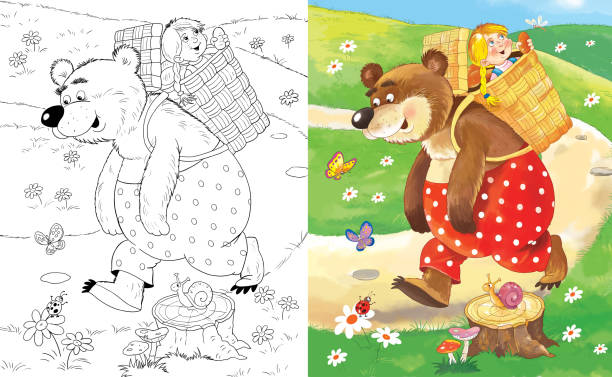 Masha And The Bear Russian Fairy Tale Coloring Pageillustration For  Children Funny Cartoon Characters Stock Illustration - Download Image Now -  iStock