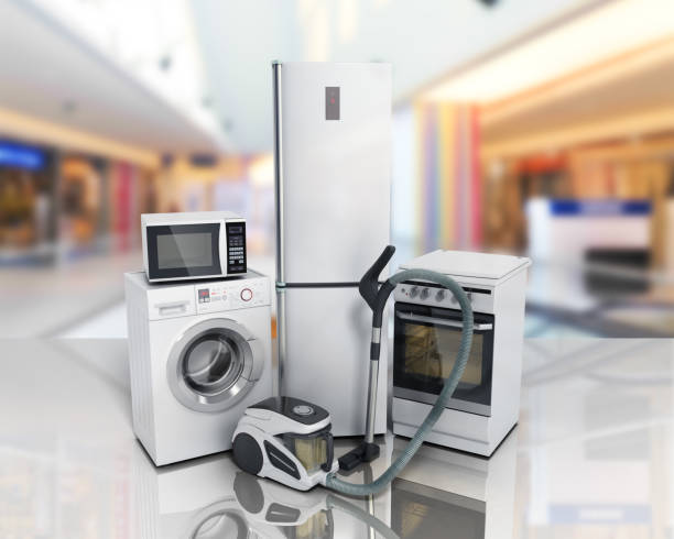 istock Home appliances Group of white refrigerator washing machine stove microwave 649295020