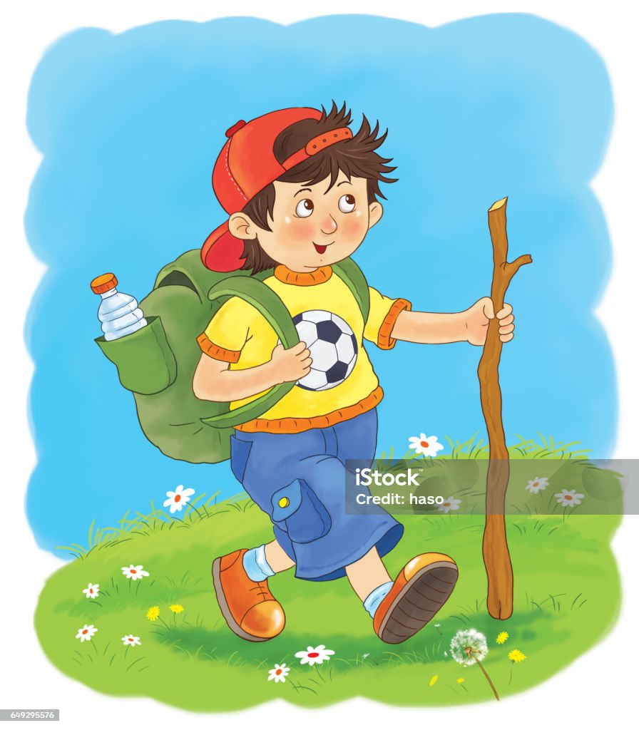 A Happy Cute Boy Climbing A Mountain Hiking Illustration For Children ...