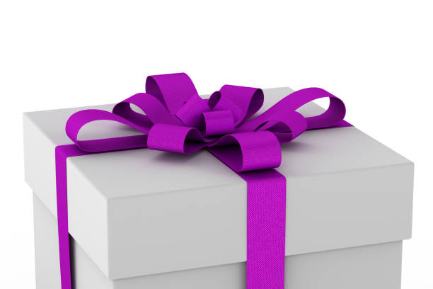 istock White gift box with violet ribbon bow 649295760