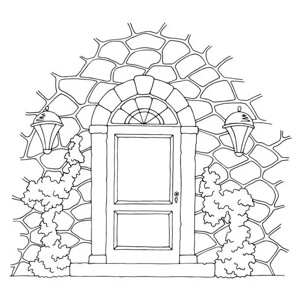 Vector illustration of Entrance door graphic black white sketch illustration vector