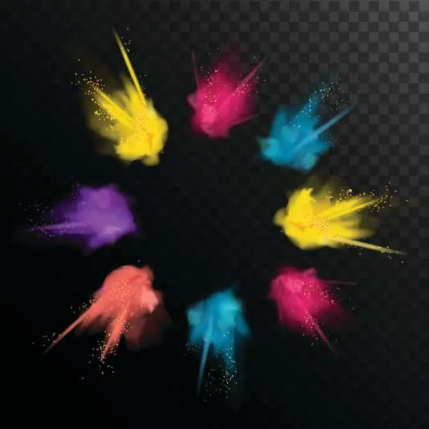 Vector illustration of Realistic colorful paint powder explosions on black/transparent background.