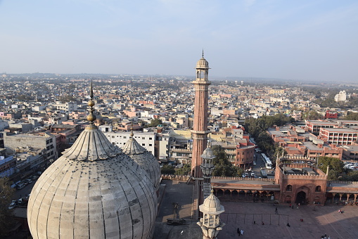Aerial view of old Delhi from a minar of Jama Masjid mosque