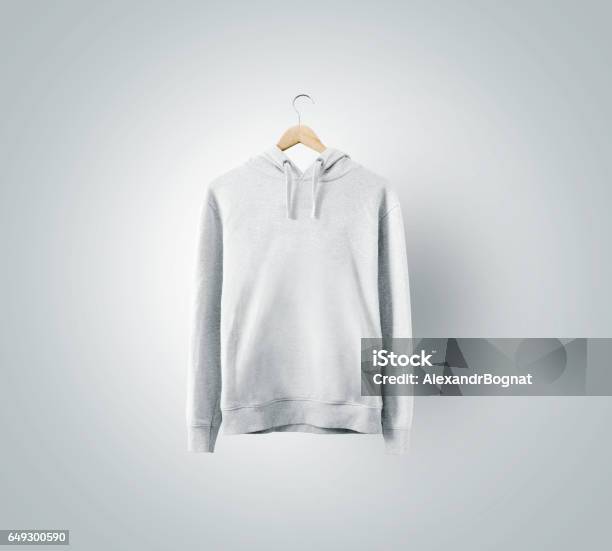 Blank White Sweatchirt Mockup Hanging On Wooden Hanger Stock Photo - Download Image Now