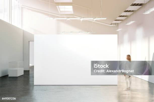 Woman Walking Near Blank White Wall Mockup In Modern Gallery Stock Photo - Download Image Now