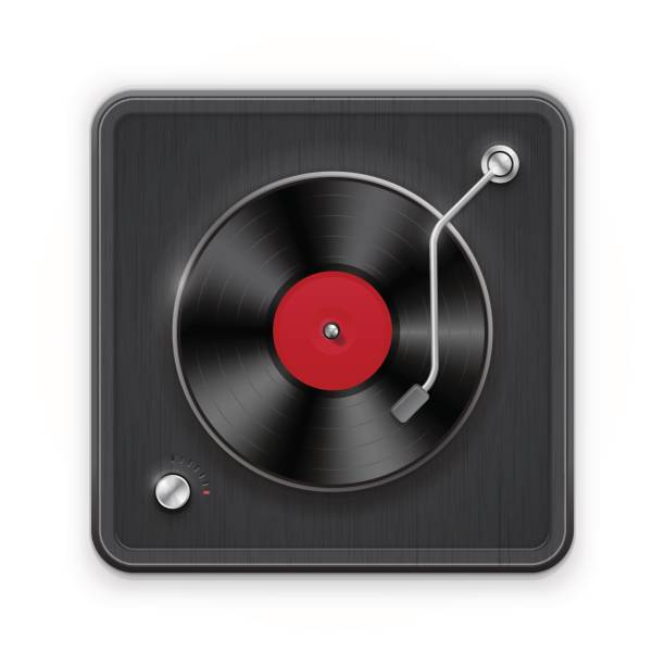 istock Detailed icon of the retro vinil record player with dark case 649301244