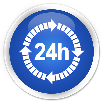 24 hours delivery icon isolated on premium blue round button abstract illustration