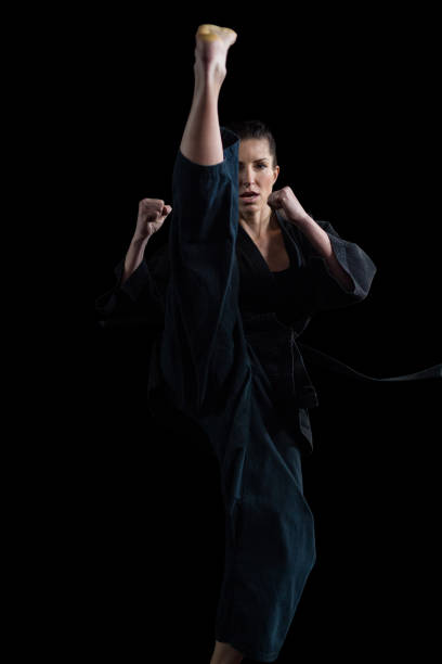 istock Female karate player performing karate stance 649307756