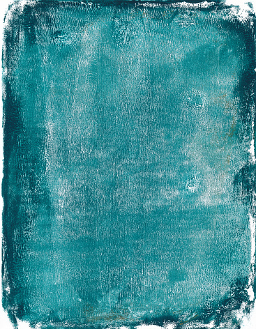 An hand painted mixed media painting on paper. There is a mottled and grungy texture throughout the painting. The prominent colors are shades of turquoise blue. There are rough grungy edges around the painted texture on a white paper background.