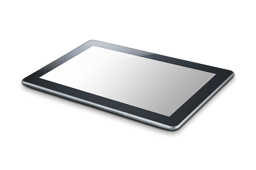 Black tablet with gray screen on a white background