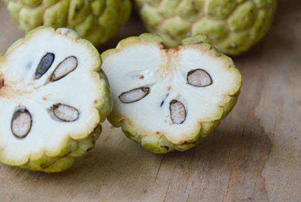istock custard apple cut on wooden board 649315062