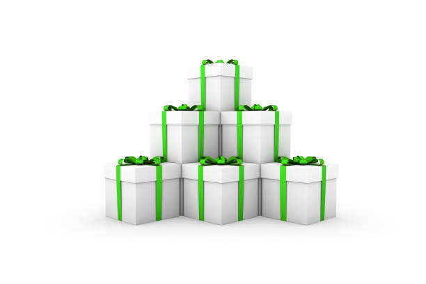 istock White gift boxes with green ribbon bow 649345386