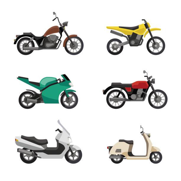 Motorcycles and scooters Motorcycles and scooters icons set in flat style. Vector illustrations of different type moto vehicles. used motorcycle parts stock illustrations
