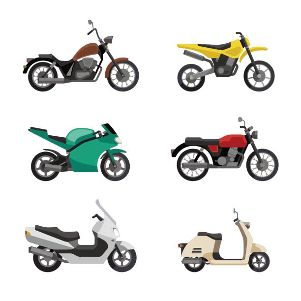 Motorcycles and scooters Motorcycles and scooters icons set in flat style. Vector illustrations of different type moto vehicles. motorcycle stock illustrations