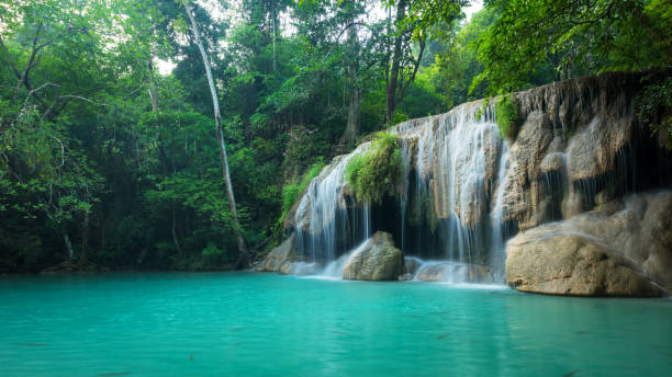 istock Green nature with green waterfall landscape, Erawan waterfall 649360362