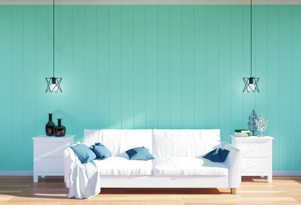 istock Living room interior - white sofa and green wall panel 649369606
